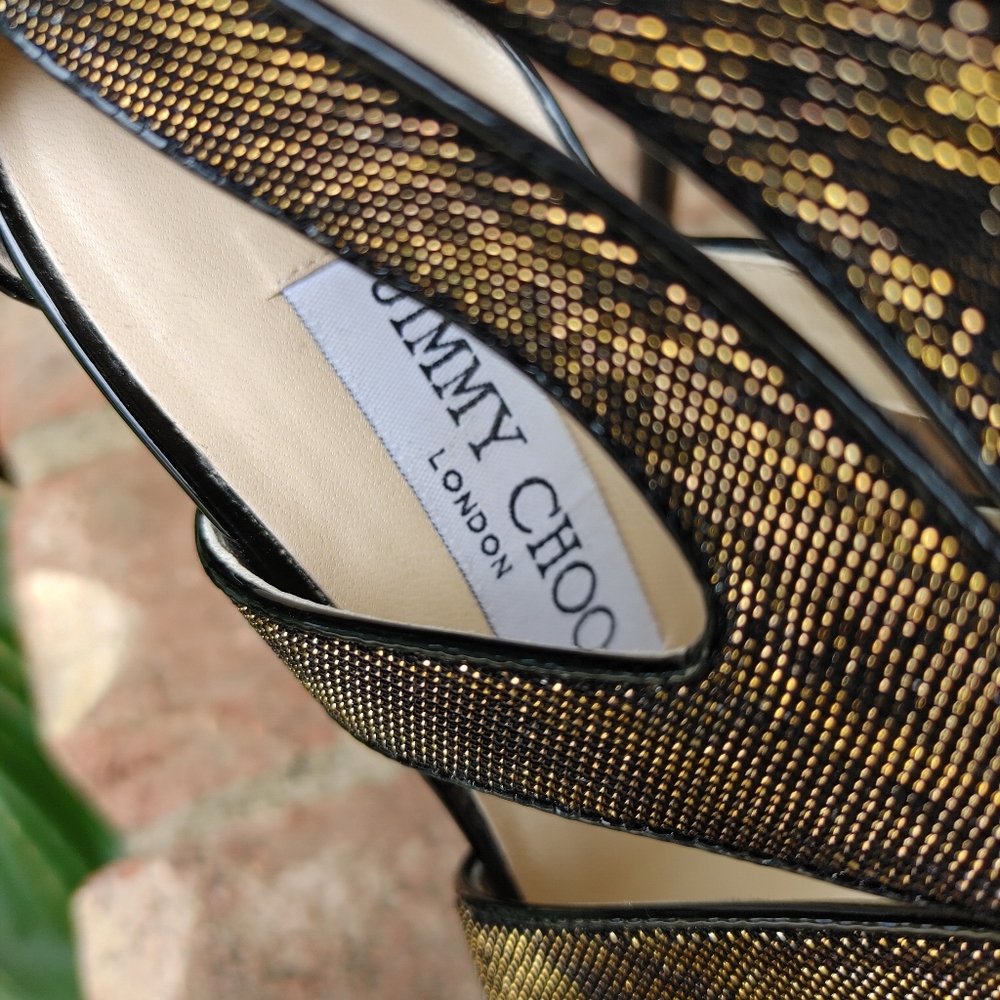JIMMY CHOO 142 "COLLAR" ZEBRA LAME GLITTER SANDAL, BLACK/AMBER 39 - Picture 5 of 16